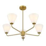 Bottom view of Blair chandelier with downward-facing light shades and warm brass finish