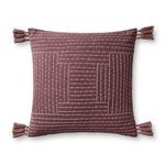 Square mauve throw pillow with art deco embroidered geometric design and tassels on each corner