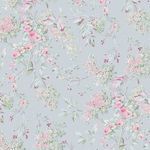 Chelsea wallpaper with trailing lilac and rose floral vines on muted blue background