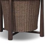 Bottom edge of the basket woven in dark brown rope inside teak frame legs