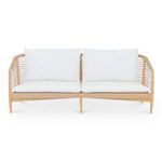 Kuna Outdoor Sofa with teak frame and white cushions, featuring woven Lloyd Loom technique sides and back
