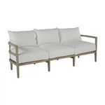 Santa Barbara Teak Sofa with natural teak frame and white fabric cushions, three-seat outdoor sofa design
