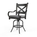 Monterey Barstool with curved armrests, X-back design, swivel base, and dark espresso powder-coated aluminum frame