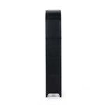 Black metal cabinet side view showing flat metal panels and base support on white background