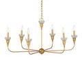 Gold chandelier with six arms hanging from a round ceiling canopy