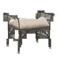 Mabel Ottoman with textured steel frame, light gold rub, polished brass ball feet, and woven brown-beige upholstered top