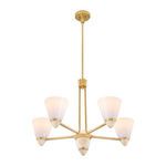 Top view of lit Kohlman chandelier highlighting warm brass arms and travertine finial