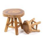 Pair of teak stools with one upright and one rotated to show underside and leg construction