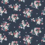 Matte finish navy wallpaper with pastel pink, baby blue, cranberry red and cream floral bouquets in a contemporary classic...