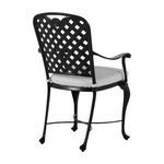 Back view showing full lattice pattern and curved top rail of chair with cushion attached