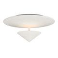 Angled side view of white flush mount ceiling light showing cone suspended under circular plate