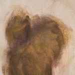 Detailed close-up of the textured canvas showing the soft brush stroke variation in brown hair and beige background of Fig...
