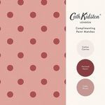 Button Spot Pink & Red wallpaper next to paint color samples named Cotton Canvas, Painted Heart, and Lady Moon