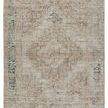 Traditional area rug with distressed taupe, tan, blue, gray, and cream medallion pattern, 5 by 7 feet 6 inches