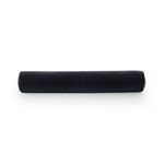 Straight-on front view of navy bolster pillow emphasizing its cylindrical form