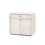 Andre 2-door cabinet with white hair-on-hide exterior, gold hardware, single drawer and double doors