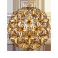 Globe-shaped chandelier with gold leaf wrought iron floral motifs and six candle-style lights inside