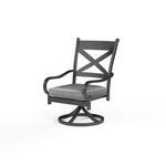 Monterey Swivel Dining Chair with espresso aluminum frame, old world copper rub finish, gray cushioned seat, and X-back de...