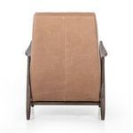 Rear view highlighting smooth taupe leather and dark wood frame of recliner