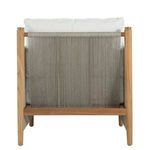 Back view of chair displaying vertical gray woven rope detail and natural teak frame