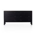 Front view highlighting symmetrical drawer layout with metal ring pulls and iron knobs