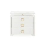 Front view of Elina side table showing three drawers and gold square handles