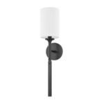 Brewster 1-Light Old Bronze Wall Sconce with slim dark bronze metal stem and cylindrical white fabric shade