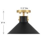 front view showing 11.5-inch diameter and 8-inch height dimensions of black shade and brass canopy