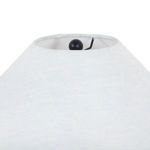 Top view of ivory linen shade showing black iron ball finial and inside frame