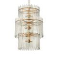 Three-tier chandelier shown suspended with chain and ceiling mount on solid white background