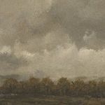 close-up of cloudy grey sky and treeline in muted autumn colors with canvas texture visible