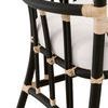 Close-up of lower side frame with detailed natural binding around black rattan poles under white cushion