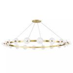 Wide thin chandelier with 18 white circular glass details and brass rim suspended by four thin wires