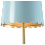 Close-up of blue scalloped tole shade showing gold interior and brass stem detail