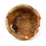 Overhead view displaying the wide opening and swirling wood grain inside the teak bowl