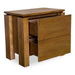 Brook nightstand angled view showing two open drawers and wood grain of oak