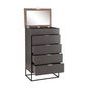 Leroy tall cabinet with top open showing hidden mirror and partially open drawers at angle