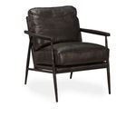 Arnold Leather Club Chair with angled back and dark brown leather cushions on a sleek metal frame