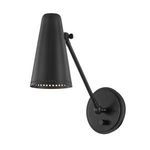 Easley 1 Light Wall Sconce with matte black cone-shaped metal shade and adjustable arm on round wall plate