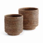Pair of Burma Rattan Cachepots with tight woven pattern and warm brown finish, different sizes