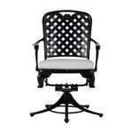 Front-centered view of swivel rocker chair with white cushion and black lattice back