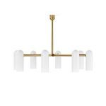 Chandelier with elongated frosted glass cylinders suspended from a burnished brass frame