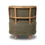 Rear view showing rounded oak frame bars supporting linen-blend back cushion