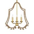 Triple-light version of chandelier with double-bell rope frame and dangling balls, unlit