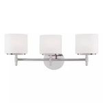 Three-light bath bracket with matte opal glass oval shades and polished metal oval backplate and bars