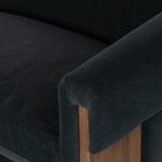 Repeat of sofa back view showcasing wood plank legs and compact velvet frame