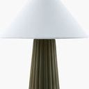 Conju accent table lamp with olive green ribbed ceramic base and white linen conical shade