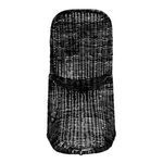 Back view of one black rattan bar stool displaying woven pattern and rounded top edge