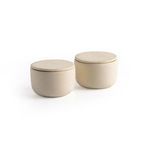 Set of two soft cream matte finish ceramic salt jars with lids, handcrafted with natural speckled texture
