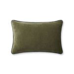 elongated olive green velvet throw pillow with piped edges in contrasting dark color